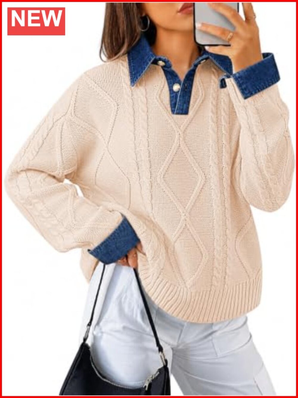 Womens Cable Knit Sweater Denim Polo Pullover Button Down Collar